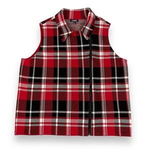 Chaps Vest Women 1X Red Multi Plaid Full Zip Knit Stretch Collared Cotton EUC